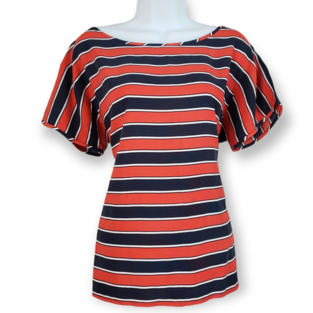 NWOT J Crew orange & navy blue striped silk blouse top Womens 8